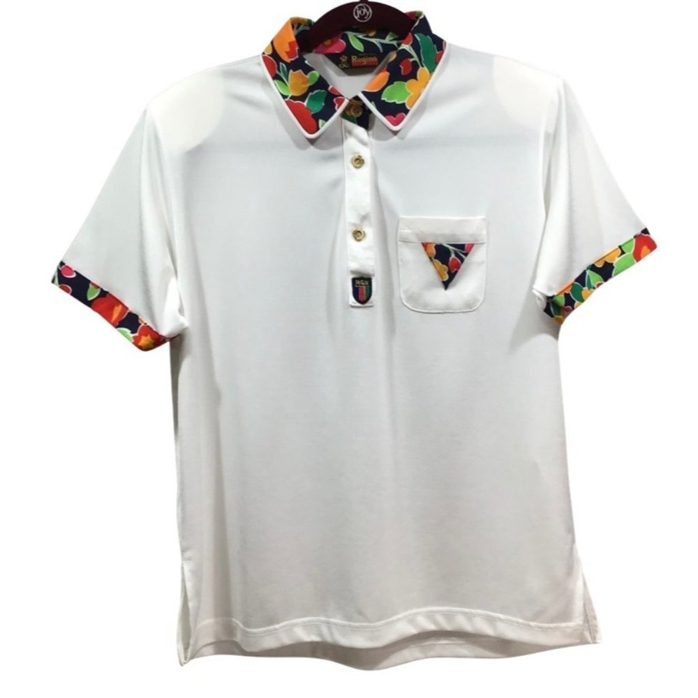 REGINA Women's Vintage Floral Trim and Collar Golf Polo Shirt L*